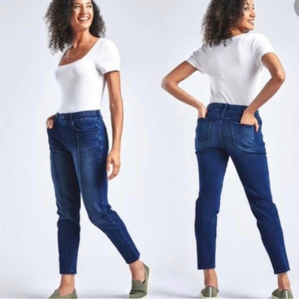 Betabrand Yoga Denim Skinny Jeans Pleated Front Dark Wash Comfort Jeans Size L